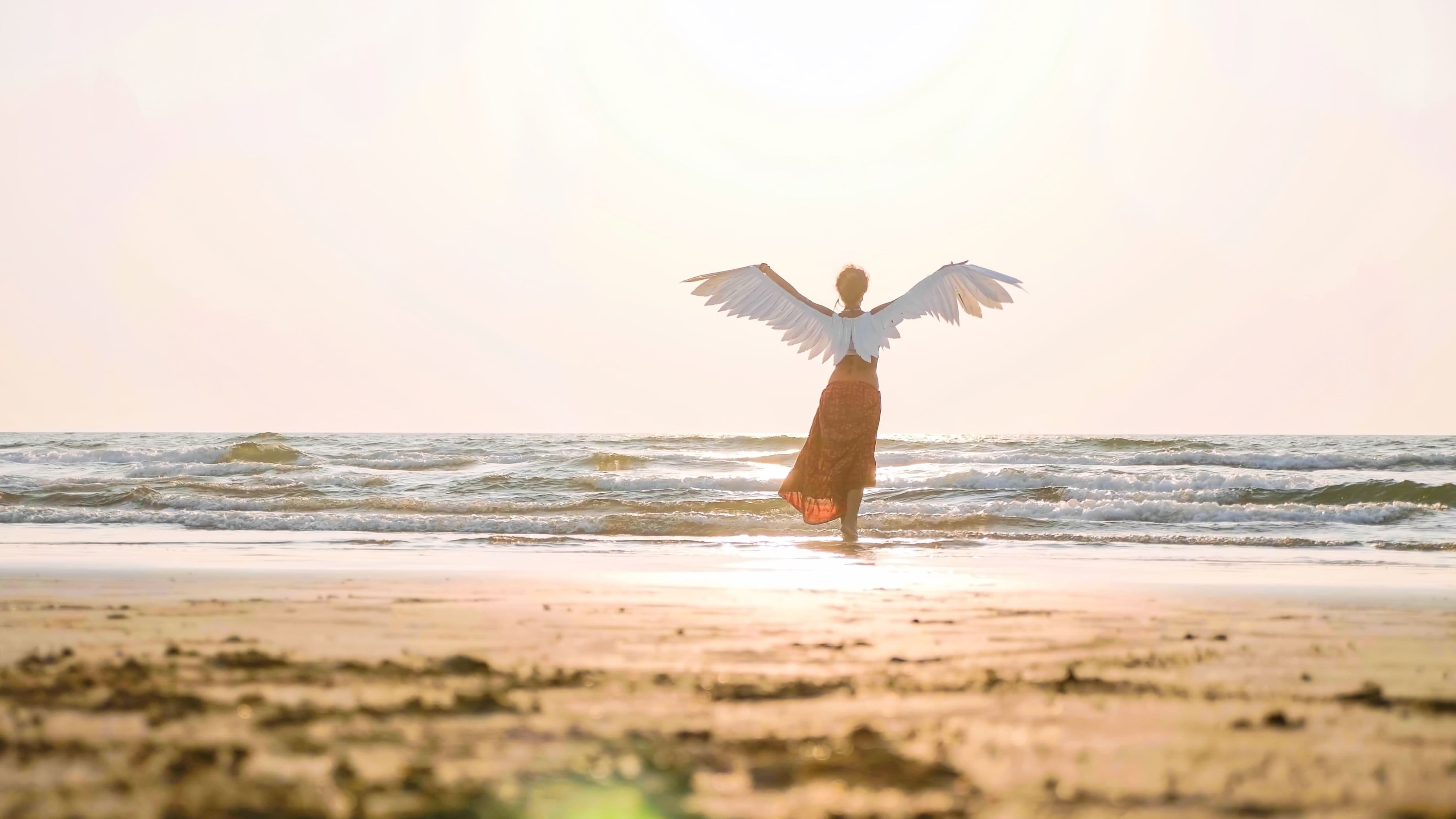 Winged angel by the sea and beach golden hour lighting